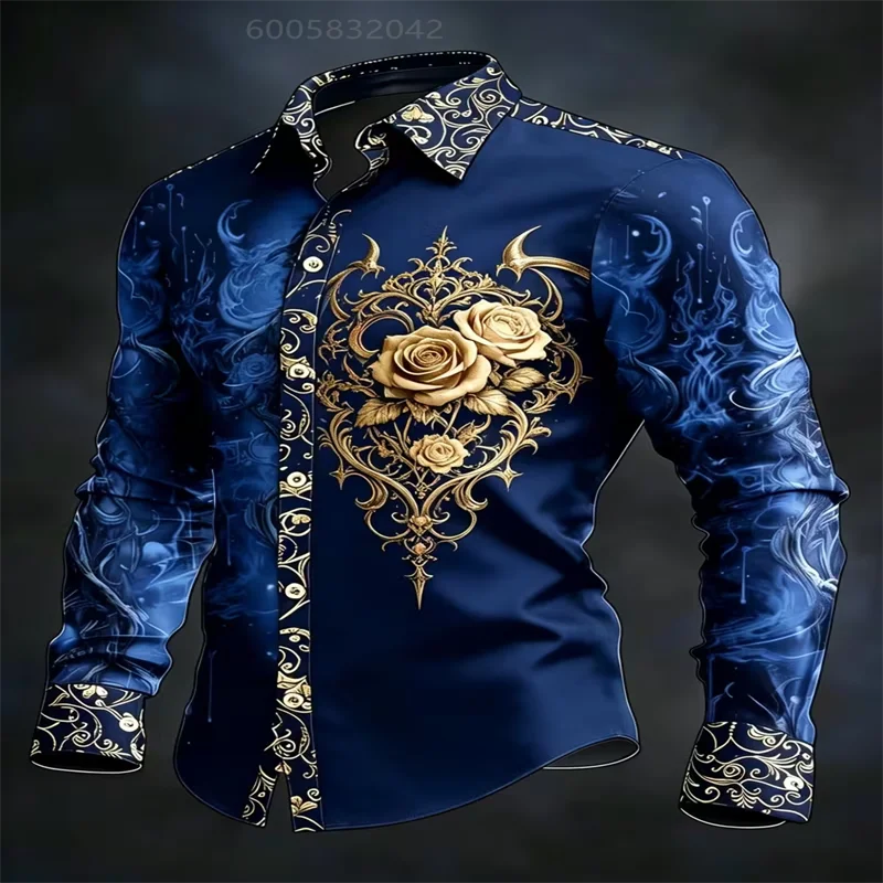 Men Silky Satin Button‑Down Shirt Gothic Rose Flame Graphic Pattern Long Sleeve Turn‑Down Collar Male Party Casual Dress Tops