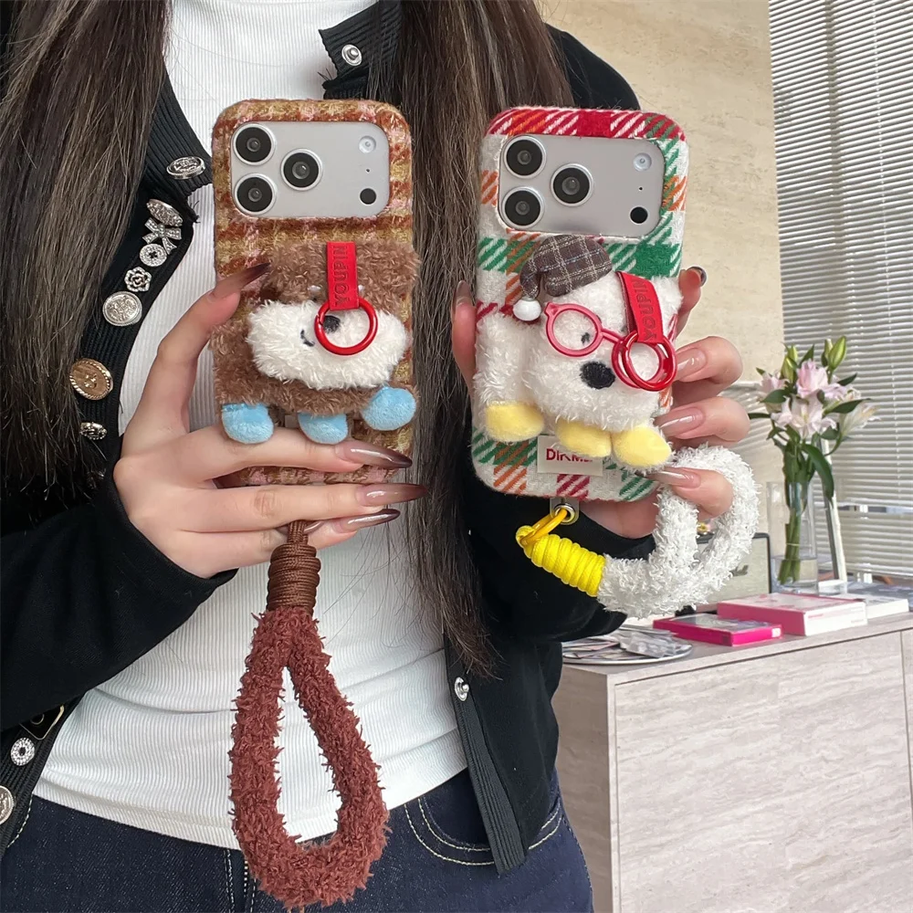 Kawaii Retro Plaid Fluffy Phone Case for iPhone 18 17 16 15 Pro Max 3D Plush Puppy Doll Cute Cover With Wrist Strap Korea Fundas