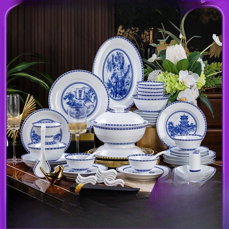 Jingdezhen blue and white porcelain tableware high white porcelain tableware bowl plate set household ceramic dishes