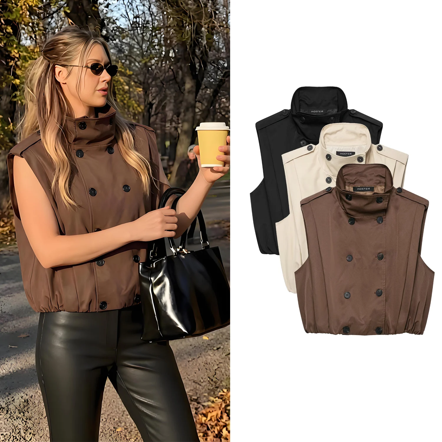 Women Coffee Jacket Vest Spring Autumn Female Stand Double Breasted Coat Lady Ruched Hem Sleeveless Cropped Waistcoat Casual Top
