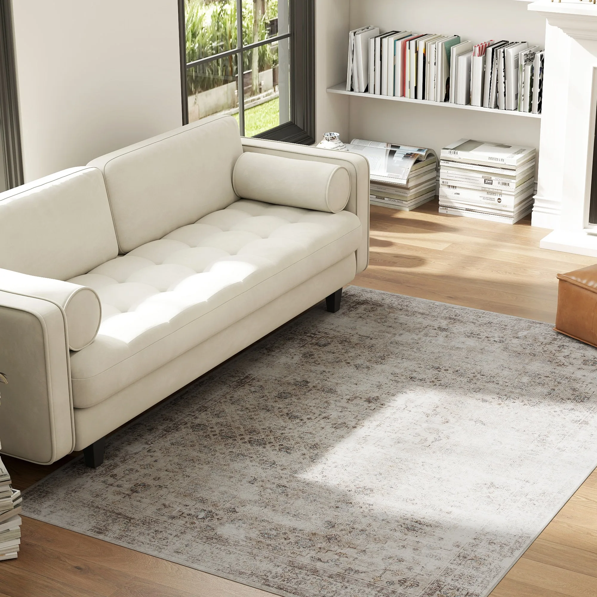 Area Rug 4x6, Machine Washable Rug, Non-Slip Traditional Floor Cover Foldable Carpet, Light Mixed-Brown