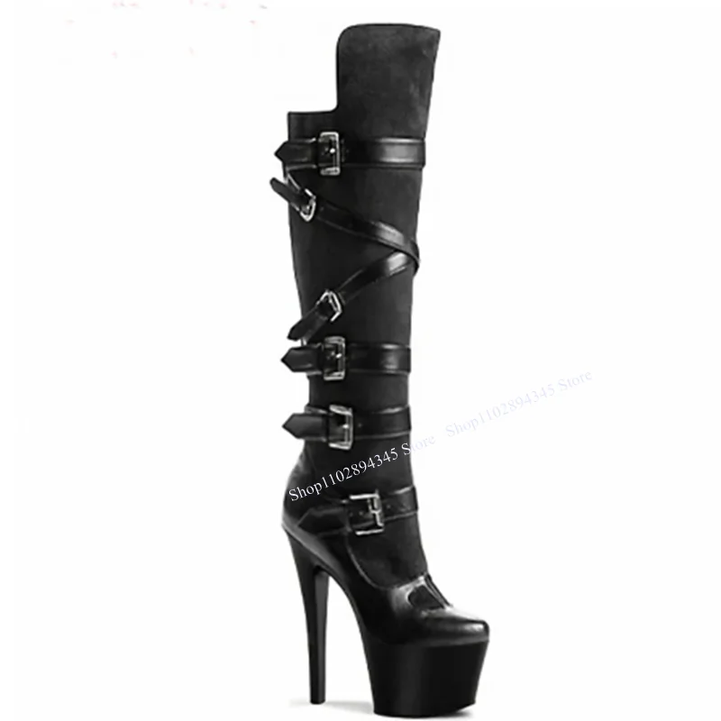 

Black Platform Buckle Boots Knee High Thin High Heel Fashionable Sexy Novel Style Summer 2023 Woman Shoes Zapatillas Mujer