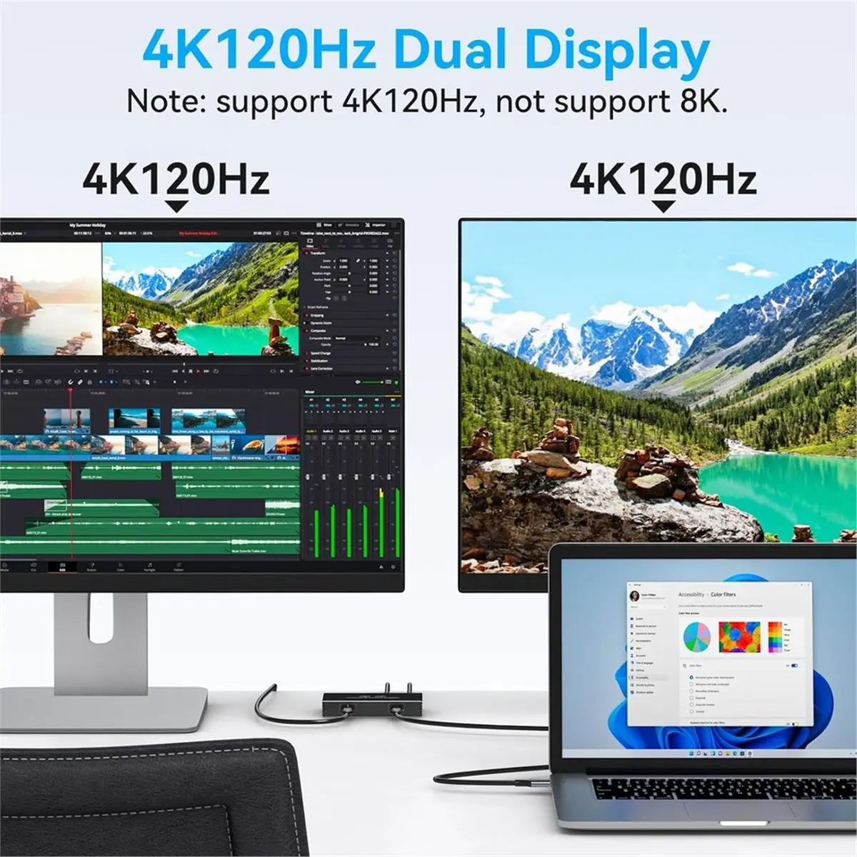 AU47-4K120Hz USB C Splitter Dual Monitor Docking Station 6-in-1 Dual USB C Monitor 100W PD, 10Gbps Splitter 1 in 4 Out