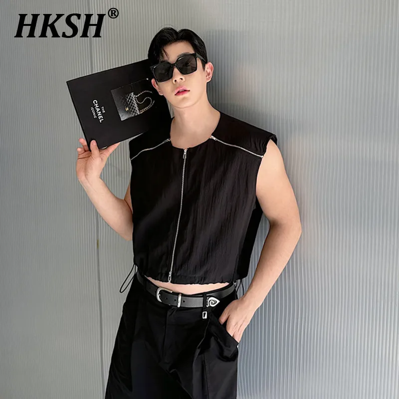 

HKSH Spring Summer New Men's Tide Chic Vest Niche Dark Waistcoat Deconstructed Zipper Drawstring Sunscreen Punk Tank Tops HK1607