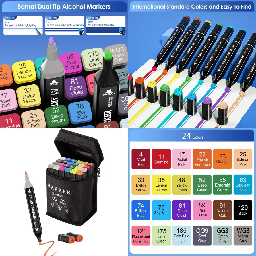 

Banral 24 Colors Alcohol Markers Set Dual Tip Alcohol Based Art Marker for Artists Adult Coloring Permanent Illustration Sketch