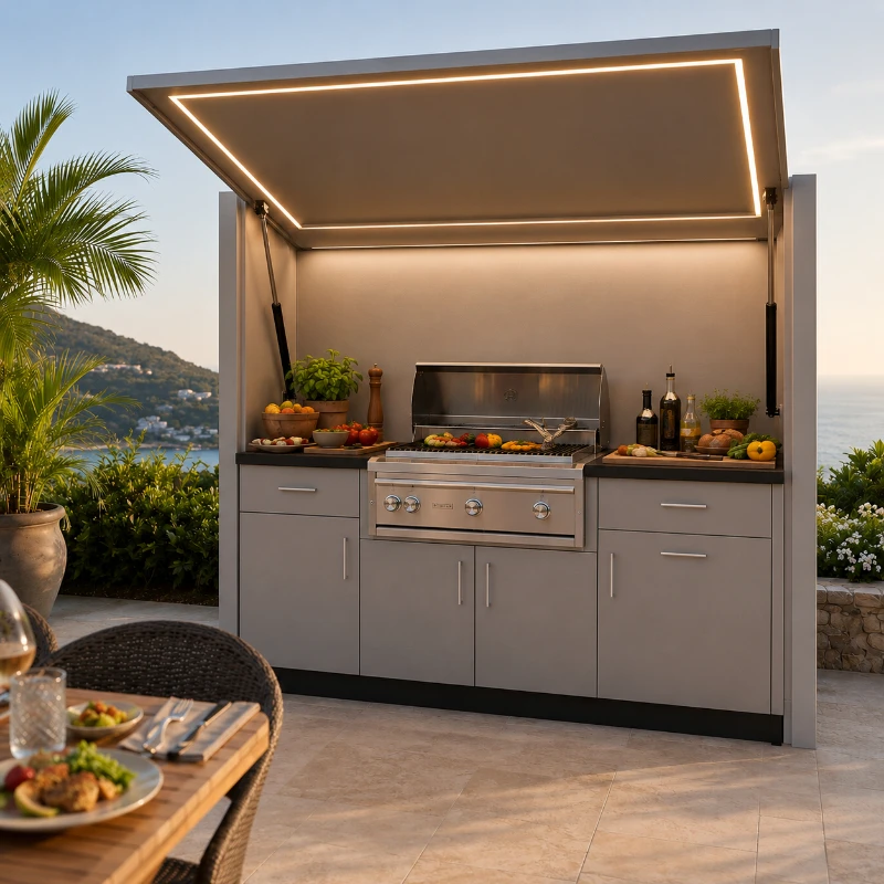 Modern Modular Functional Outdoor Kitchen Cabinets with Complete BBQ Setup Durable Weatherproof for Backyard Terrace