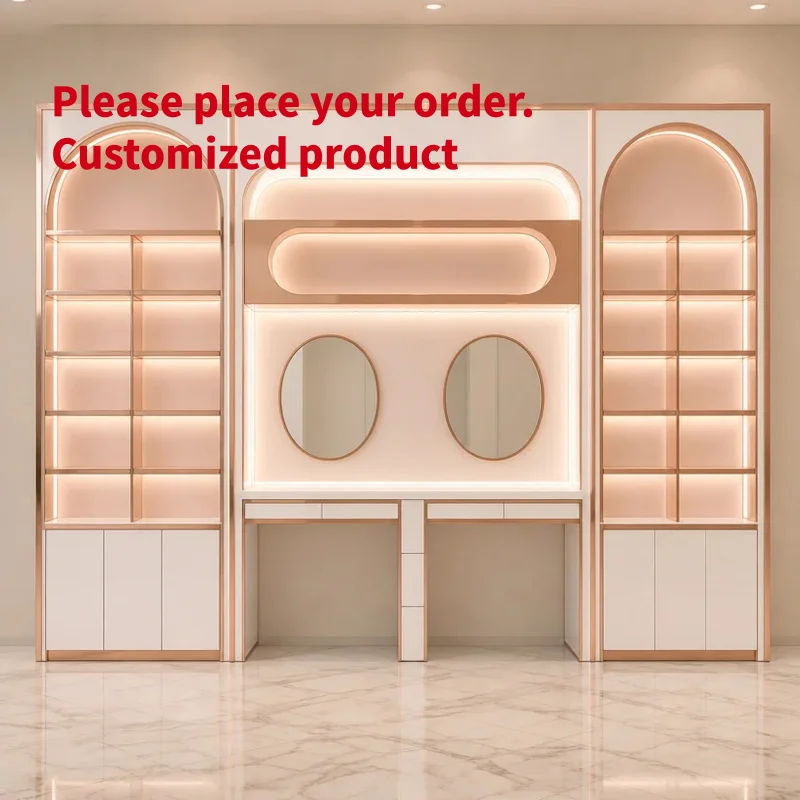 custom.Luxury Arched Vanity Display Unit LED Backlit Glass Shelving Showcase Rose Gold Trim Circular Mirrors Boutique Dressing C