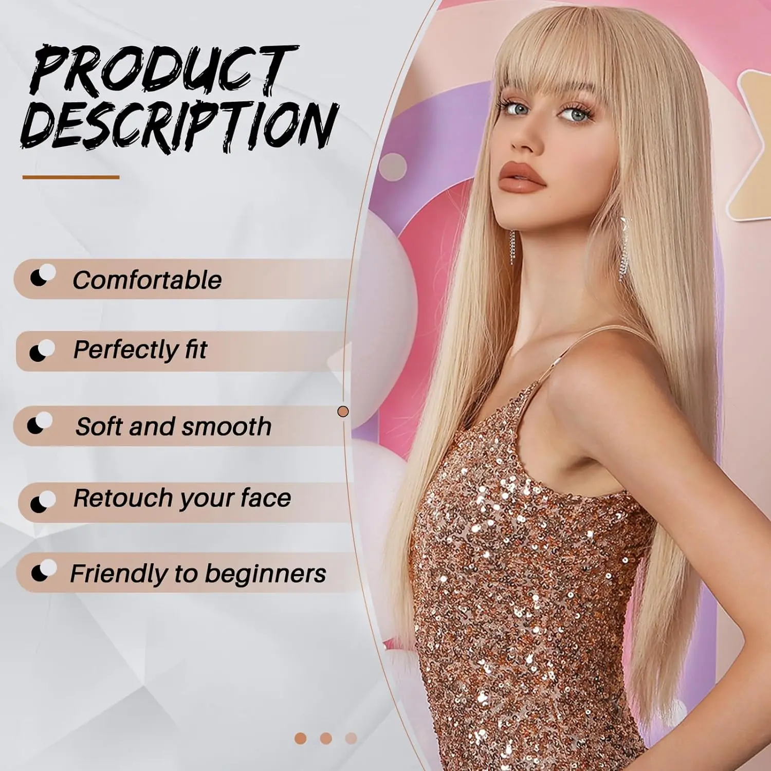 Blonde Wig Women Long Straight Bangs Natural Synthetic Fiber Synthetic Hair Fashion Ladies Daily Party Use Heat Resistant