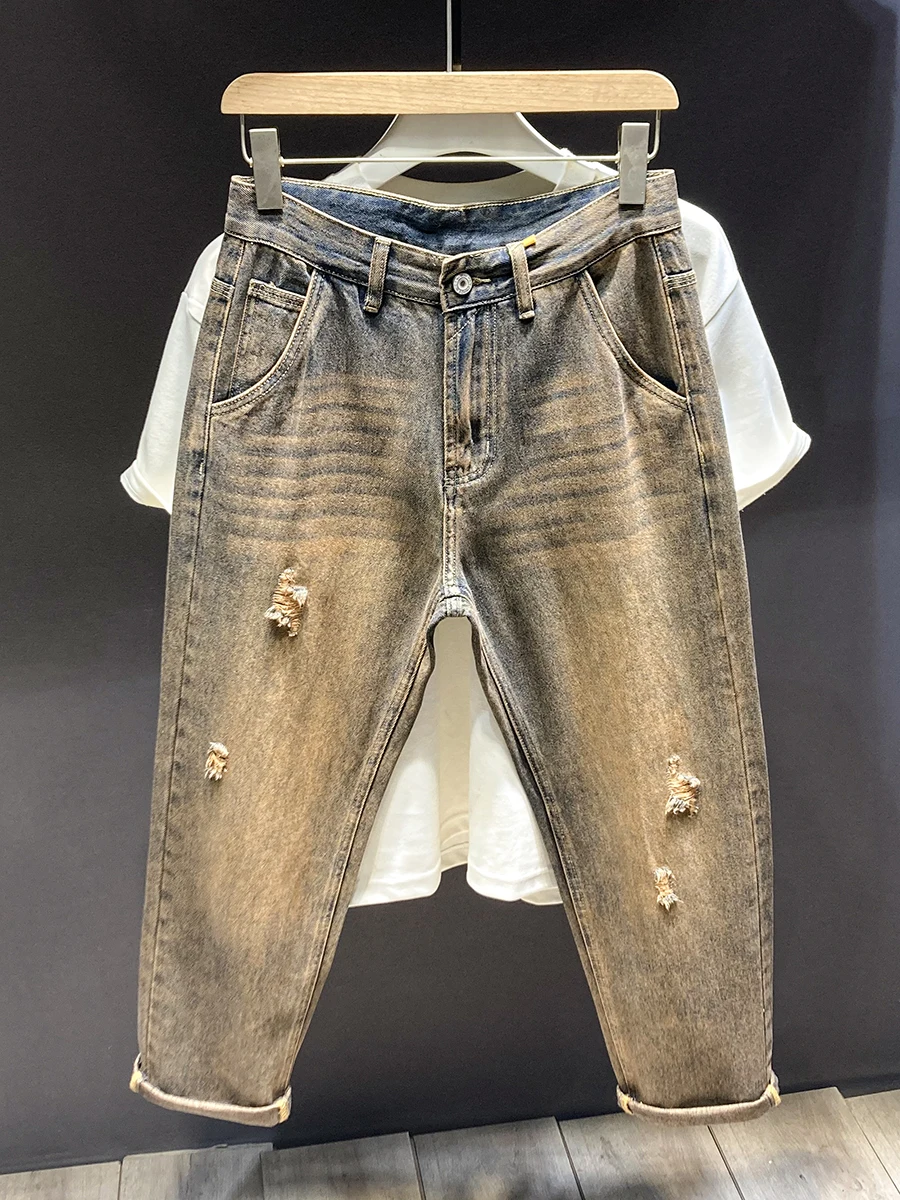 

Мужские джинсы в стиле ретро, американские, модные, свободные, с эффектом выцветания, прямые, с рваными элементами, широкие, длинные