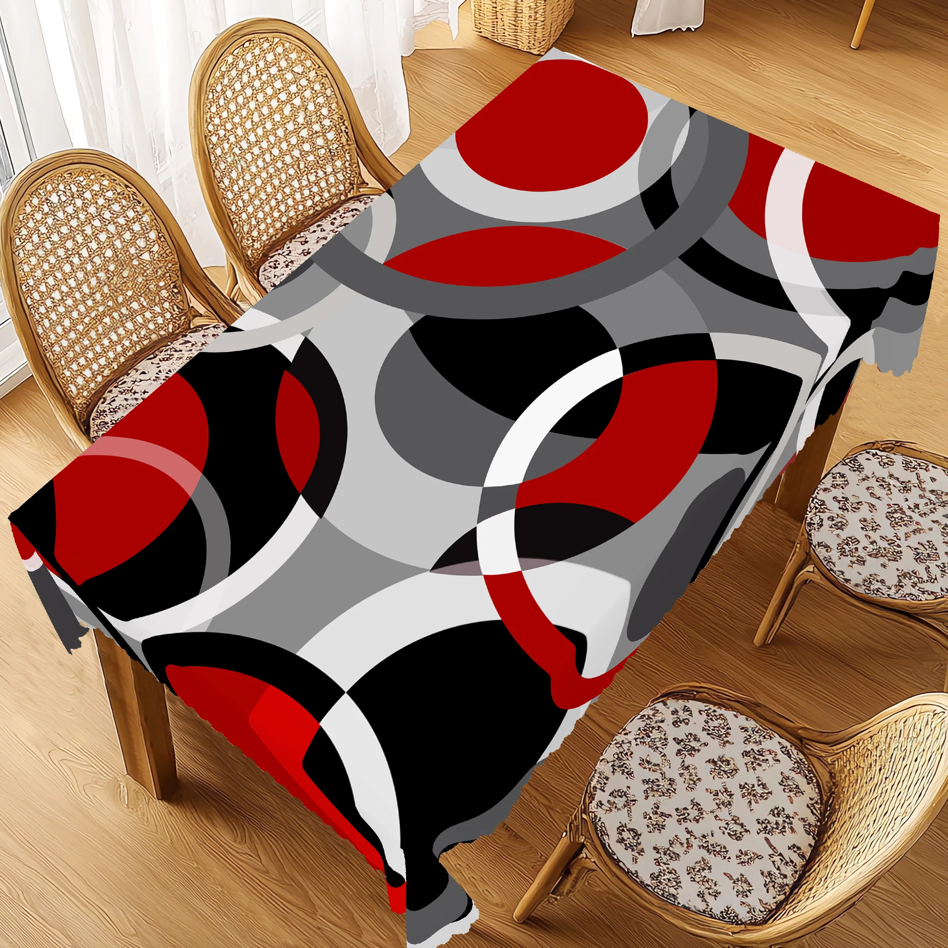 1 Piece of Simple Line Tablecloth, Red, Black, and Gray Geometric Pattern Round and Rectangular Tablecloth, Suitable for Use with Home Kitchen Tables, Indoor and Outdoor Use, for Camping, Picnics, Thanksgiving, Christmas, and Holiday Dinner Party Decoration, Durable Polyester, Machine-Embossed Edges, Housewarming Gift for Family and Friends