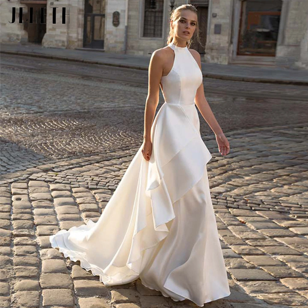 Jeheth exquisito vestido de novia de cuello desnudo 2023 letra a vestido de novia de satén sin mangas estiloJEHETH-exquisito vestido de novia de satén sin mangas, traje bohemio con cuello Halter y espalda abierta, 2023