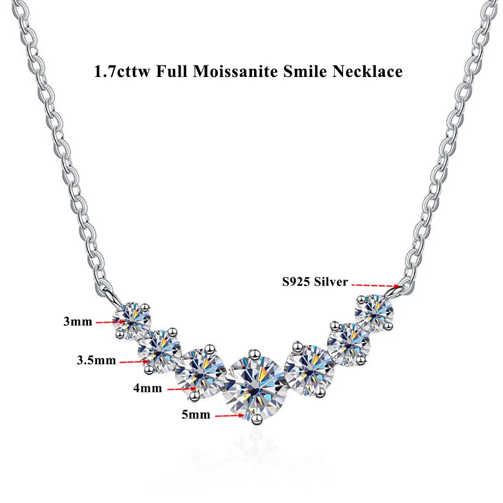 Serenity 1.7cttw D Color All Moissanite Necklace for Women Wedding Bridal S925 Silver Smile Pendant Neck Chain Anniversary Gift