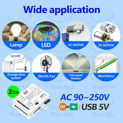 Imagen 2 del producto Interruptor de Control remoto inalámbrico Universal de 433MHz 2 canales, receptor de relé RF AC 110V 220V, para luz/ventilador/Motor/abridor de puerta de garaje, etc.