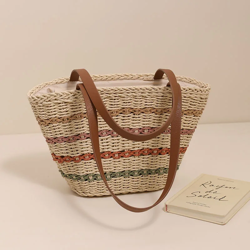 Sac fourre-tout tissé en paille bohème pour femme, sac à bandoulière de plage, sac d'épissure en cuir PU, sac à main de créateur de luxe décontracté pour femme, grande capacité