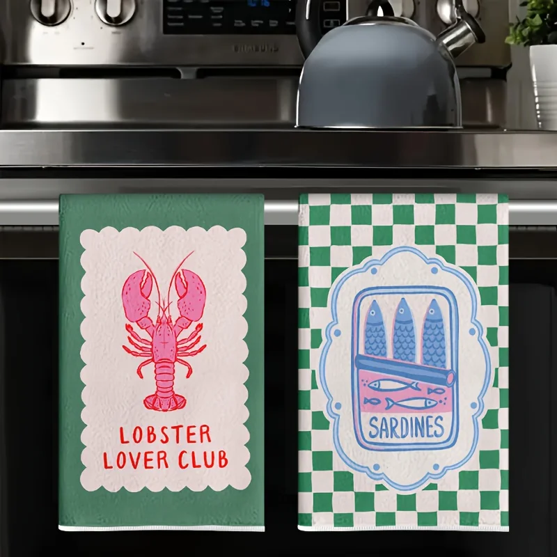2Pcs, Pink Lobster & Blue Sardine Fun Kitchen Towels, 40Cm*60Cm Towel Set, Best Kitchen Towels, Super Absorbent Soft Cleaning Cloth, Cooking and Baking Tea Towels, Hand Towels, Cleaning Cloths, Dishcloths, Kitchen Decor, Living Room Decorations, Kitchen Essentials, Home Essentials