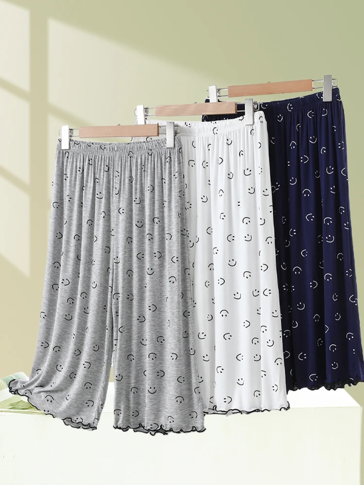 

Women's Modal Straight Leg Casual Pants Summer Cool Seven-Foot Sleepwear Large Size Home Clothes High Waist Wide Leg Pants