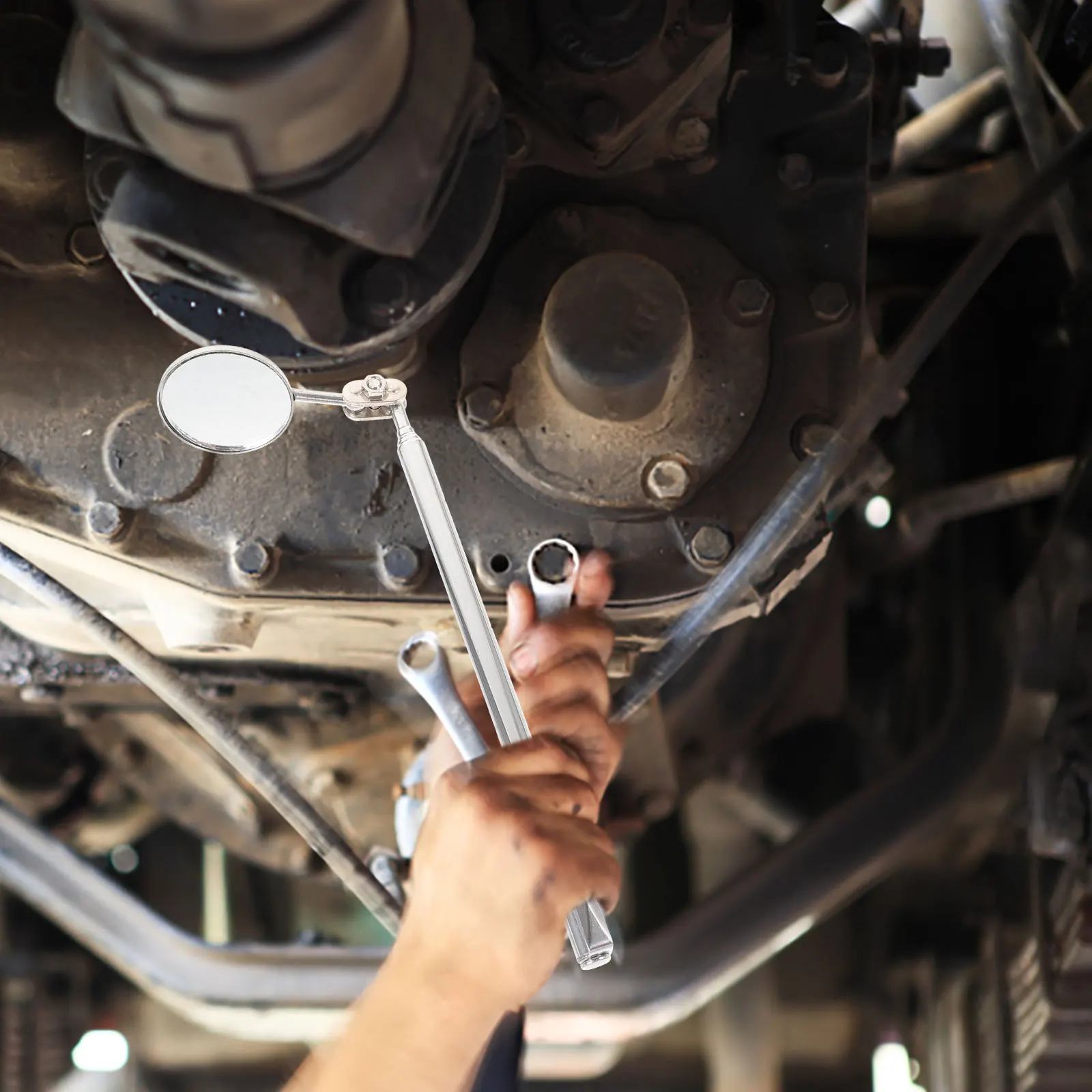 

2Pcs Vehicle Maintenance Inspection Mirror Folding Telescopic Design Durable Metal Glass Material Welding Chassis Use