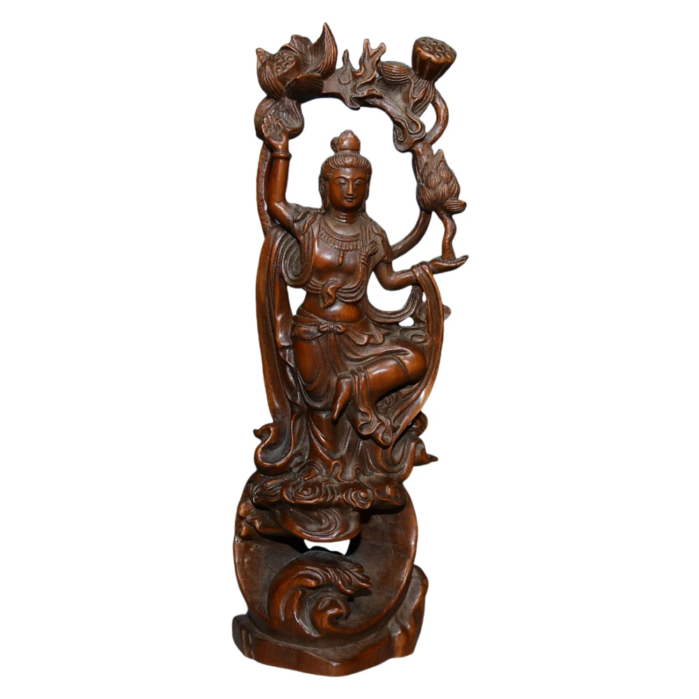 Statues en bois Sculpture sculptée kwan Yin Statue assise Lotus bouddhiste pureté Compassion sérénité bénédiction harmonie grâce