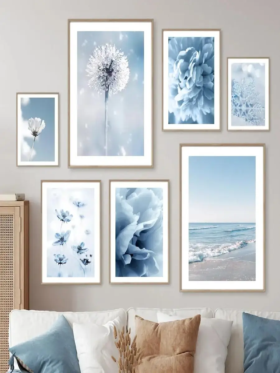 Natural Blue and White Flower Beach Crown Wall Art Canvas Painting  Nordic Posters and Prints for Interior Home Decor
