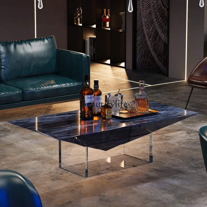 

01Italian minimalist transparent acrylic suspended marble coffee table light luxury