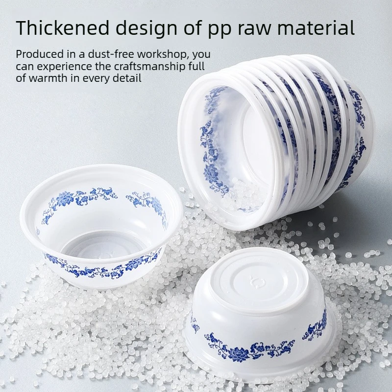 Disposable Blue and White Porcelain Print Plastic Bowls Food Grade Round Thickened Heat Resistant Rice Bowls Wedding Party