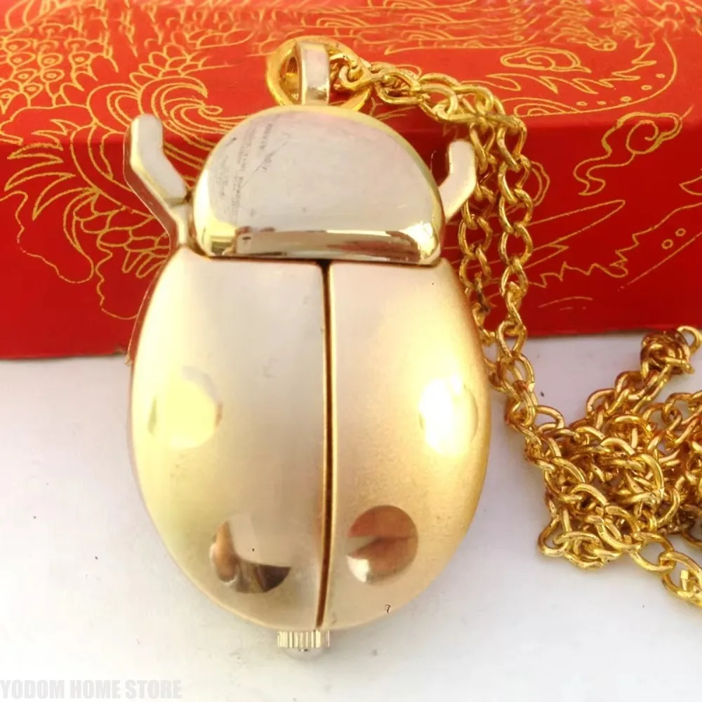 New Fashion Golden Beetle Pocket Watch with Chain Cute Small Ladybug Necklace Pendant Clock for Adult Children