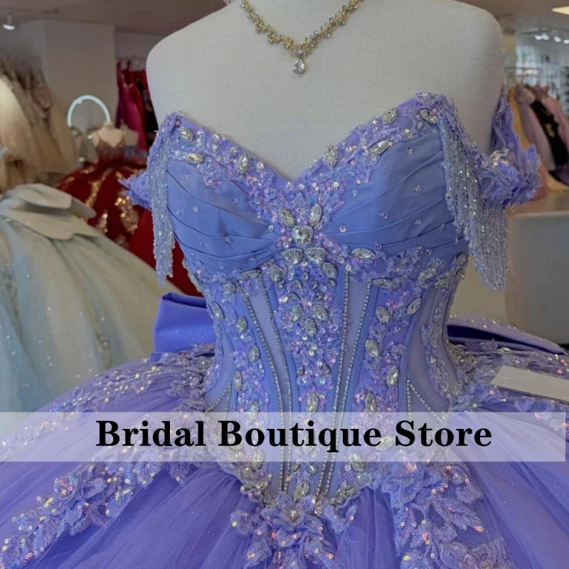 Lavender Shiny Quinceanera Off Shoulder Ball Gown Sweet Applique Lace Bow Beading Tull Birthday Party Vestidos Customized