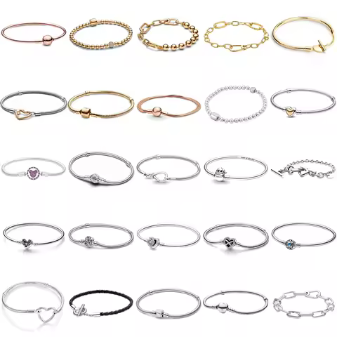 925 Silver original 17-21CM Pearl Heart-Shaped Hard Ring Square Buckle Round Bracelet Fit for DIY Mini Birthday Jewelry Gifts