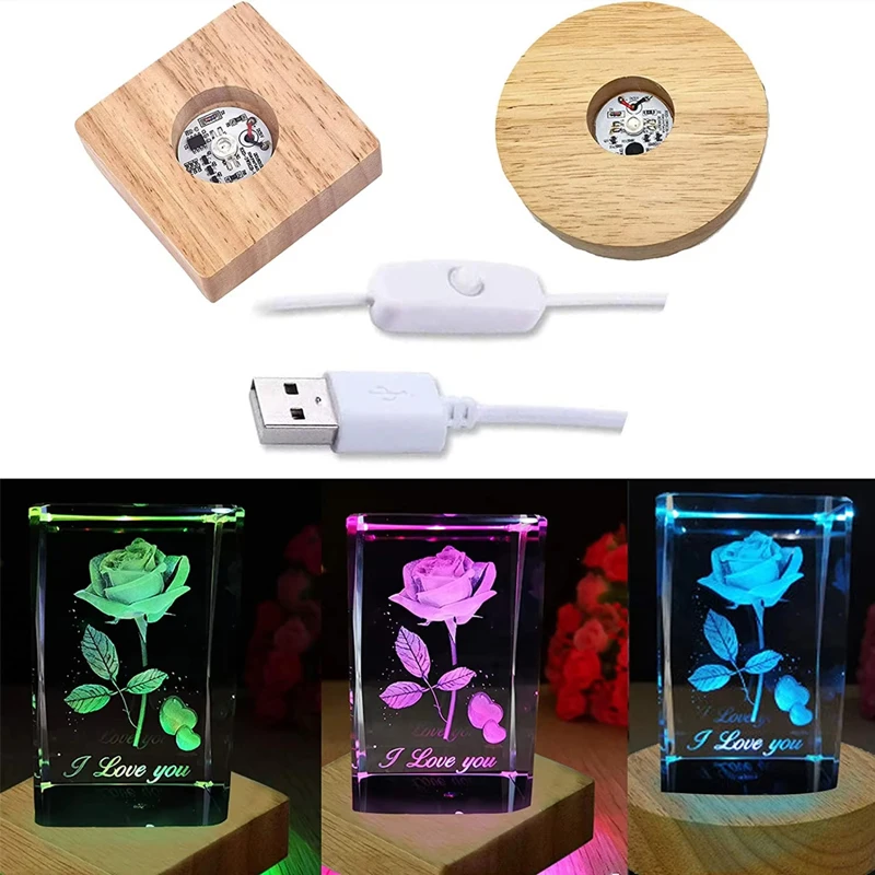 5/6/8/10CM Square Round Solid Wood LED Light Luminous Lamp Holder DIY Crystal Night Light Base USB 1.5M With Remote Control