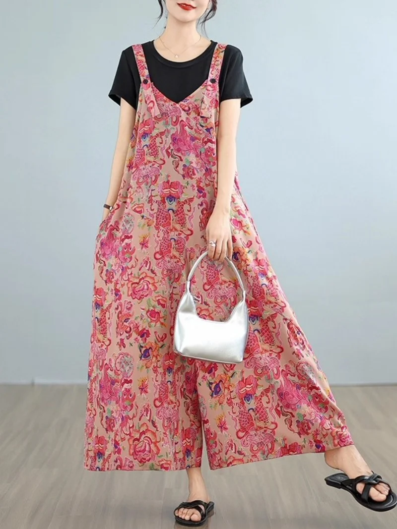 Retro Printed Wide Leg Jumpsuit for Women - Summer 2026 Loose Casual V-Neck Fashion Jumpsuit w106