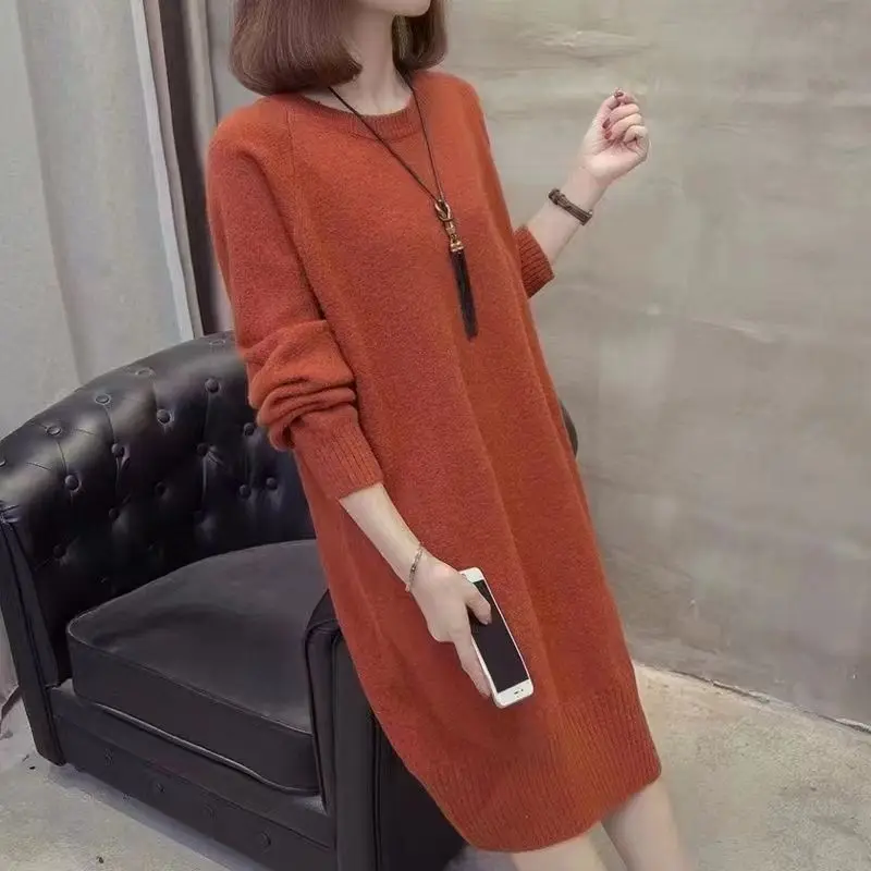 Ladies Korean Fashion Solid Color O-neck Long Sleeve Knitted Dress Autumn Winter All-match Elegant Dress Women Clothes Dresses