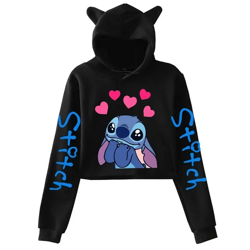 Cute Stitch Disney Hoodie Crop Top Women Sweatshirt Kids Boys Girls Harajuku Streetwear Clothes Hoodies Cropped