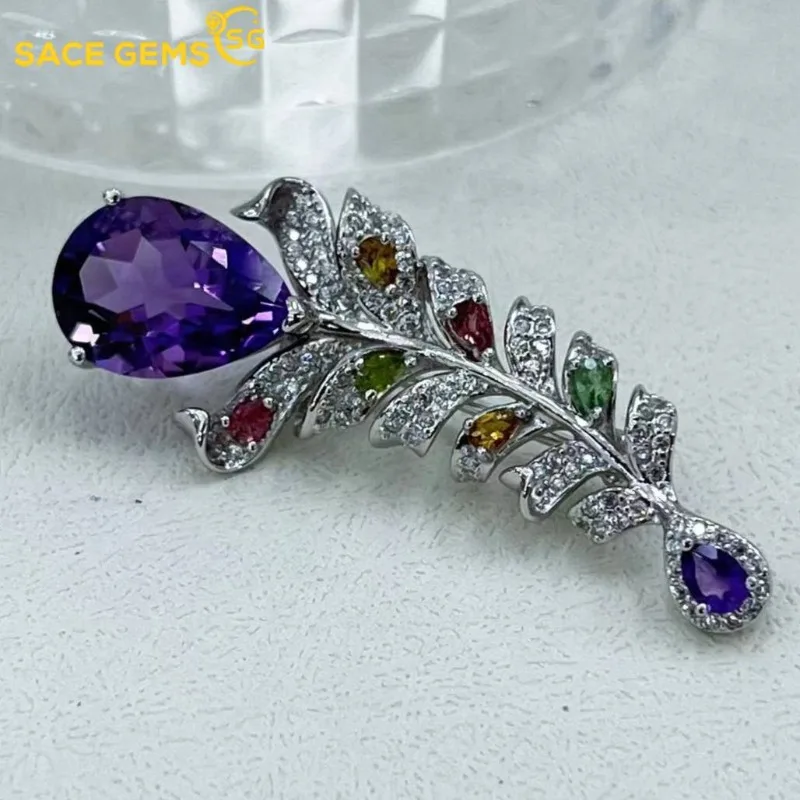 

SACE GEMS Новая брошь из стерлингового серебра 925 пробы с натуральным аметистом 10*14 мм для женщин, для помолвки, коктейльных вечеринок, изысканный ювелирный подарок