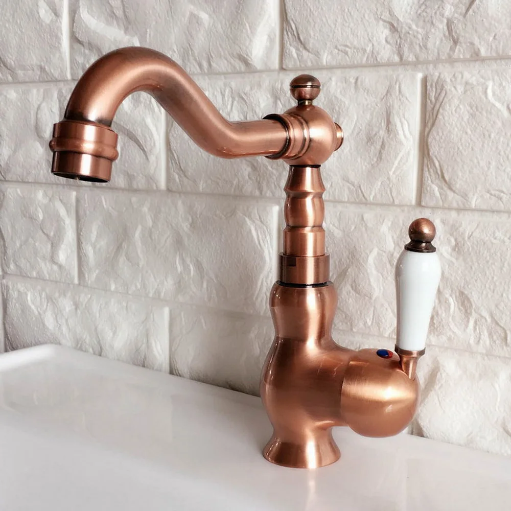 

Deck Mounted Antique Red Copper Single Handle Hole Bathroom Sink Mixer Faucet Hot and Cold Water Mixer Tap Nnf405