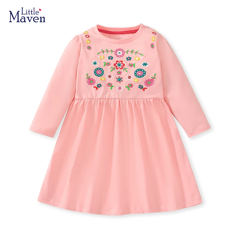 Little maven 2024 Autumn Children\'s Clothing Dresses for Kids Girls Baby Girls Long Sleeves Dress Pink Cotton Children Clothes