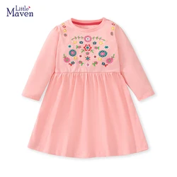 Little maven 2024 Autumn Children's Clothing Dresses for Kids Girls Baby Girls Long Sleeves Dress Pink Cotton Children Clothes