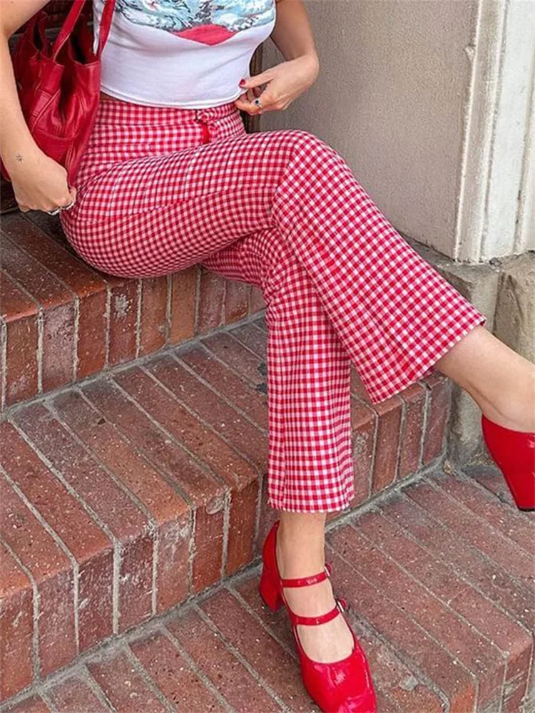 Women Y2K Plaid Pants High Waist Trousers Spring Summer Fashion Casual Sweatpants Slim Fit Slightly Flare Pants