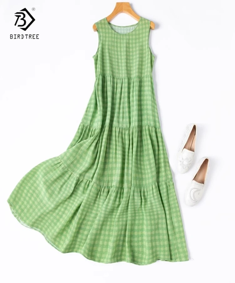 Birdtree 100% vestido de seda feminino, decote em o solto duplo crepe sem mangas grade em camadas vestidos maxi verdes, verão 2025 d55610jf