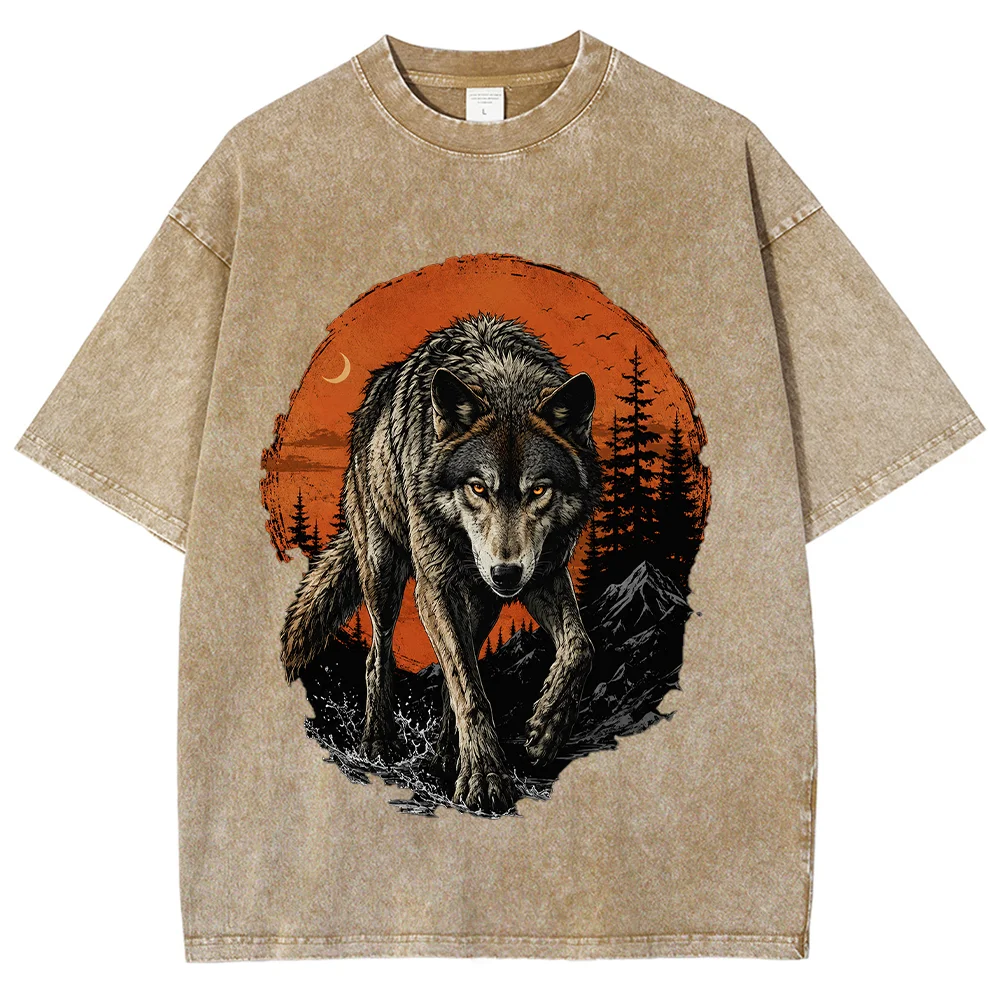 Vintage Wolf Graphic T Shirt Sunset Forest Acid Wash Oversized Cotton Short Sleeve Tops Men Y2K Streetwear Animal Tees