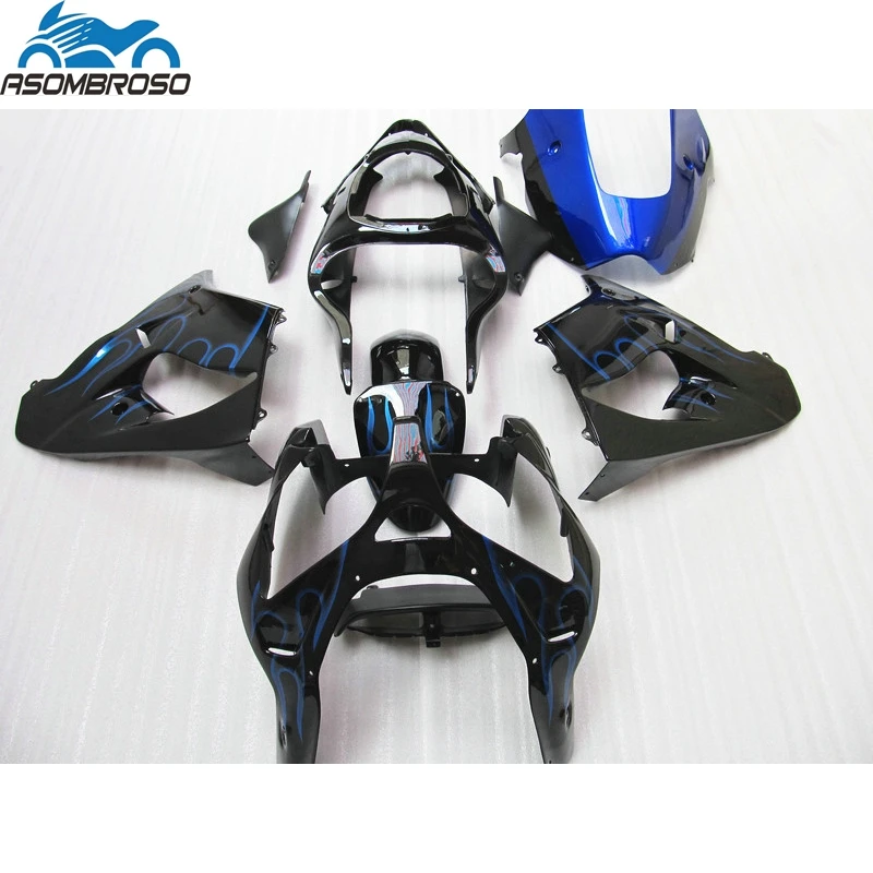 

Черная литьевая форма Blue Flames, детали кузова для Kawasaki Ninja ZX9R, комплект обтекателей 2002-2003, комплект обтекателей zx9r 02 03 GU04