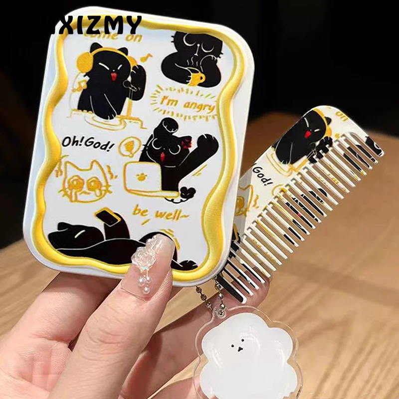 Cartoon Black Cat Pattern Flip-Top Folding Makeup Mirror Portable Pocket Mirror Rectangle Cosmetic Mirror With Comb For Women