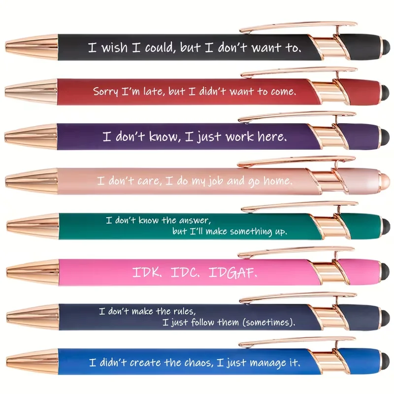 

A set of 8 humorous pens, featuring amusing phrases, making them perfect as office gifts, Thanksgiving or Christmas presents
