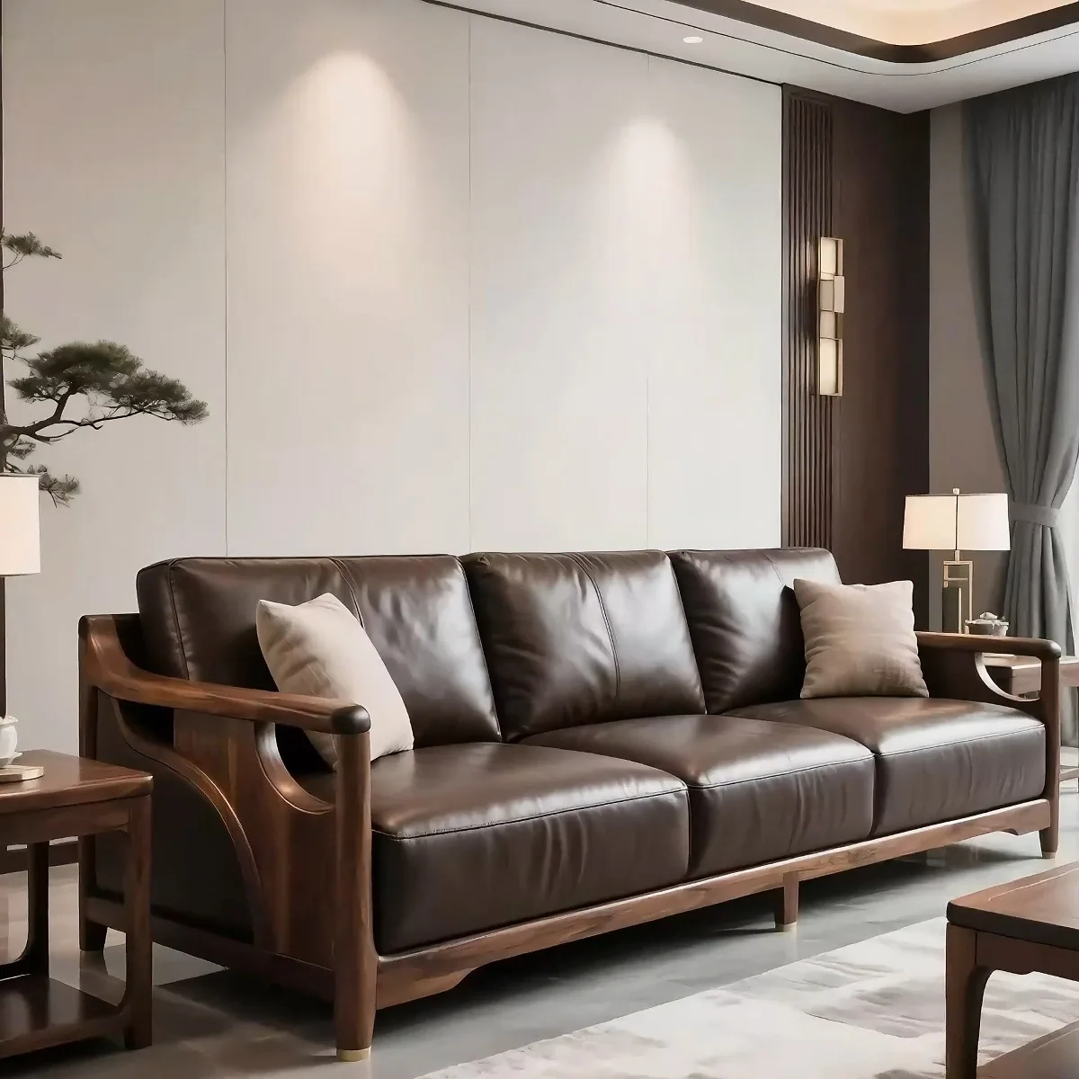 Straight row leather sofa living room modern simple light luxury model room club furniture