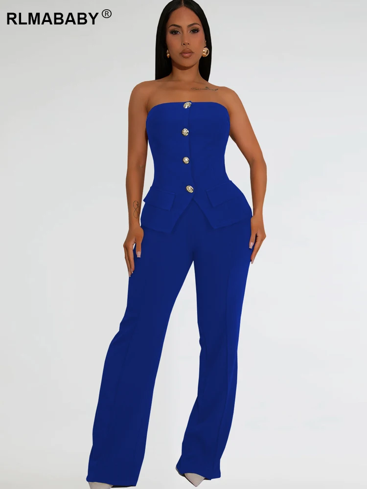 

RLMABABY Sexy Strapless Single-Breasted Button Top And High Waist Pencil Pants 2 Piece Set Elegant Casual Trousers Women Suit