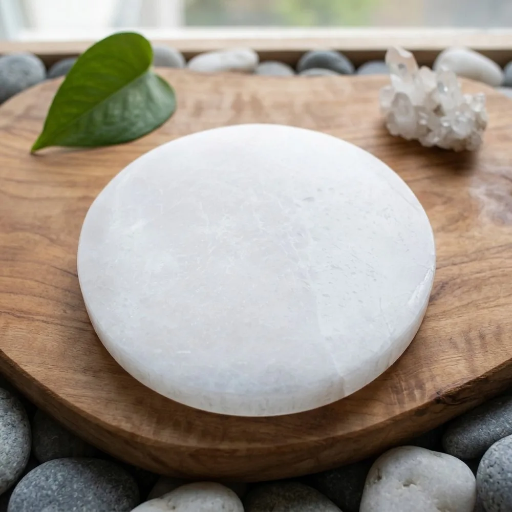 White Gypsum Charging Plate | Natural Selenite Round Slice Jewelry Holder for Home Decor, Holiday Gift, Crystal Energy