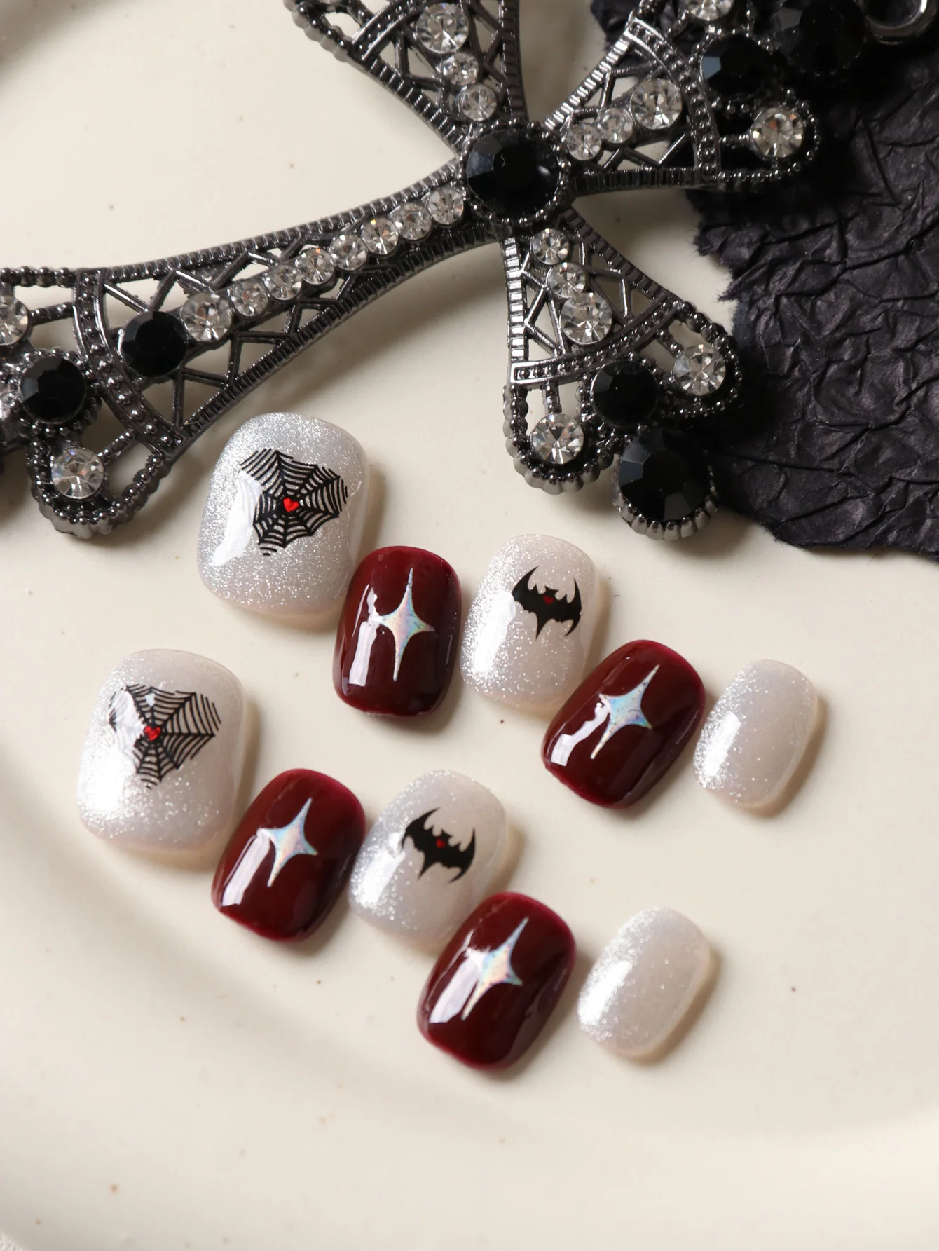 10Pcs Acrylic Press on White Red Dark Bat Fake Nails Include