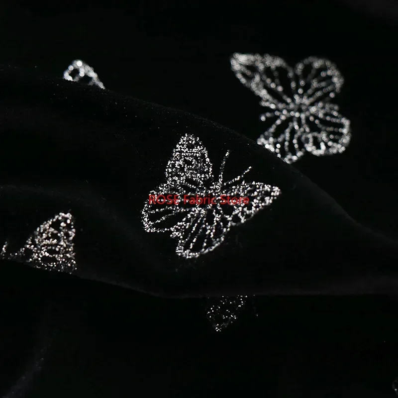 Black Gold Velvet Fabric Butterfly Bronzing Process Soft Cloth Women's Clothing Skirt Handmade Fabric Diy