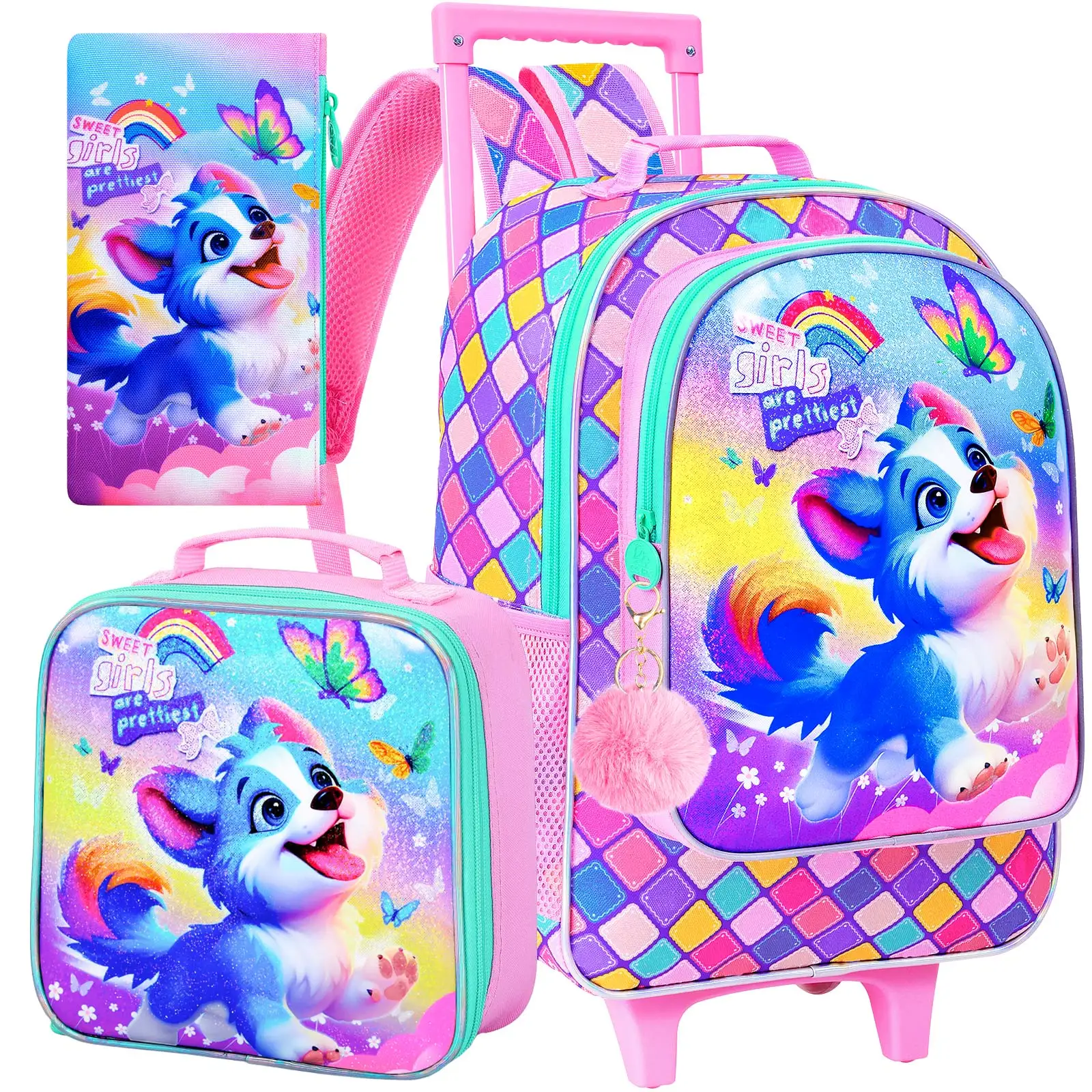 

3Pcs Rolling Backpack for Girls, Kids Roller School Backpack with Wheels,Wheeled Bookbag for Elementary Preschool Kindergarten