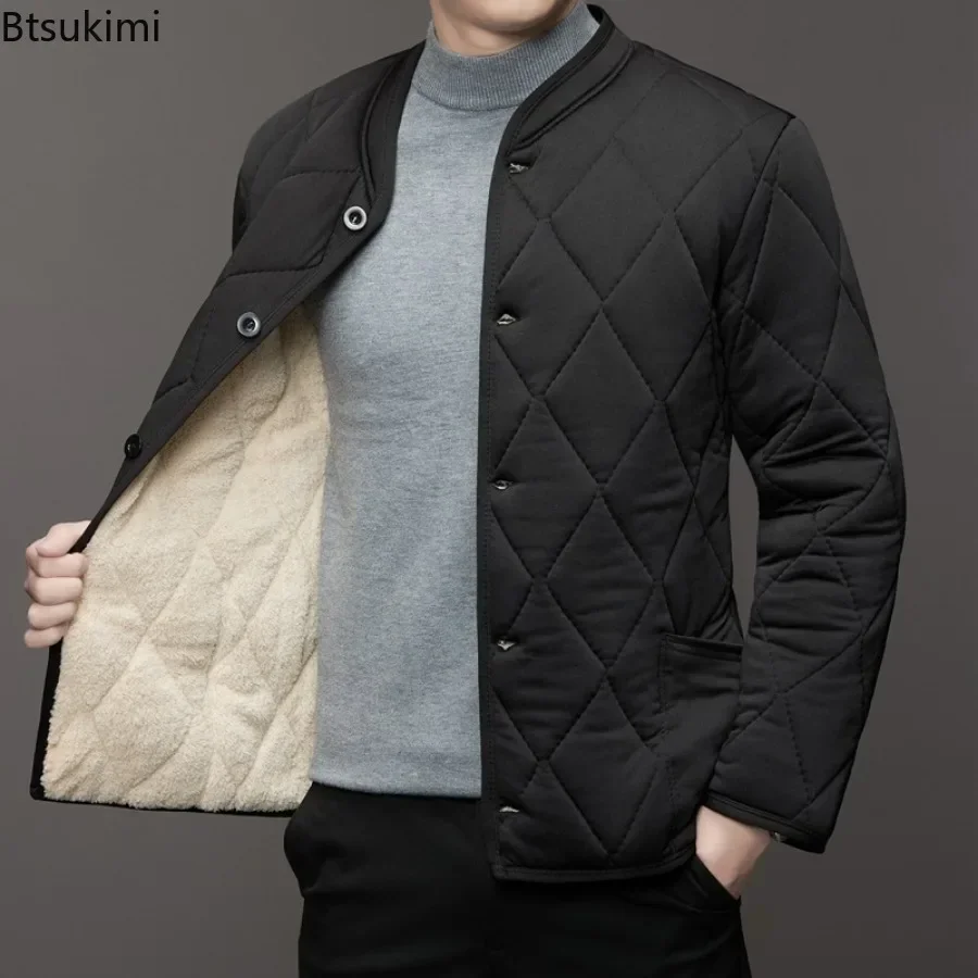 Men's Autumn Winter Stand Collar Parka Jacket Quilted Cotton Padded Lamb Fleece Coats Button Cardigan Thicken Warm Casual Jacket