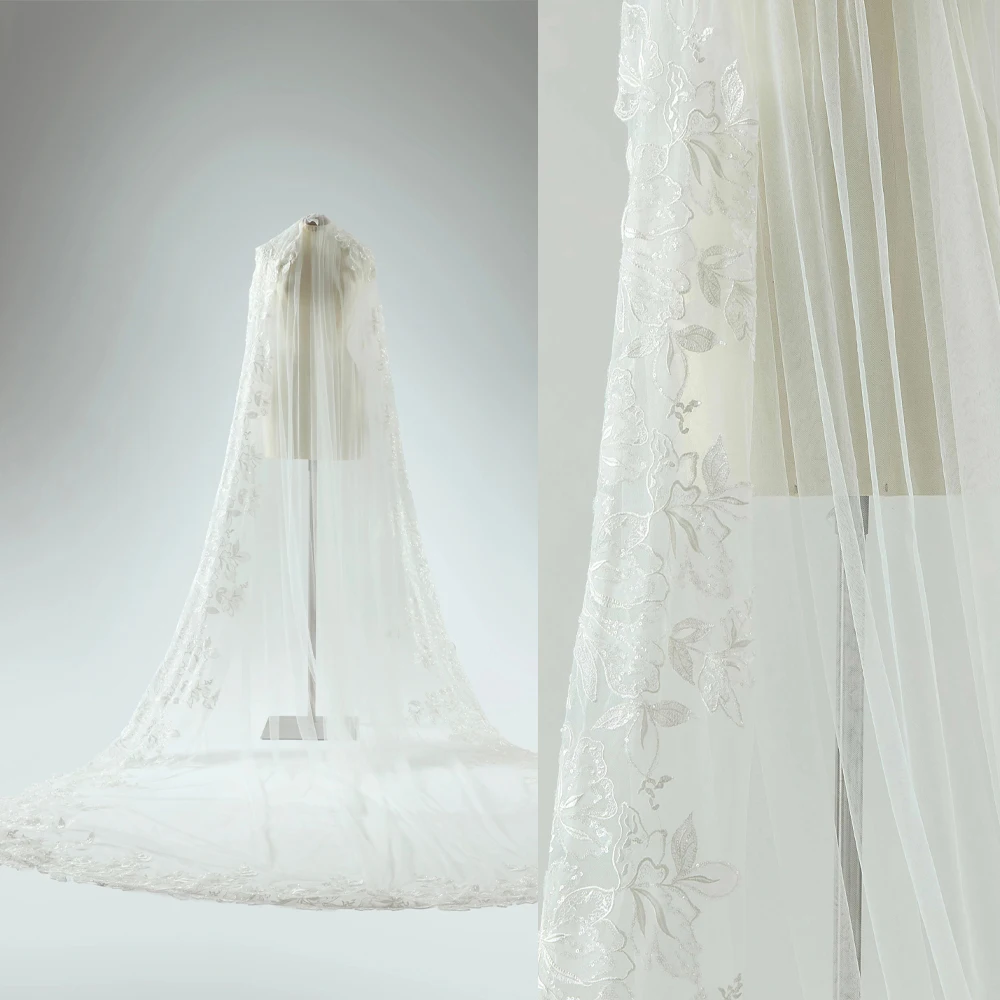Custom New Cathedral Wedding Veil White Ivory Appliques Bridal Veils 300cm Generous Lace Edge With Comb Velos De Novia